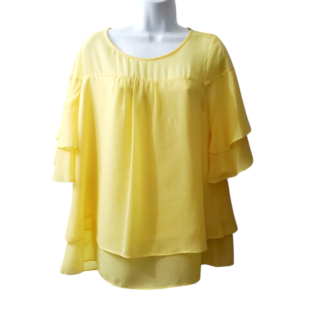 Valerie Stevens Womens Yellow Layered Round Neck Shortsleeve Batwing Blouse
